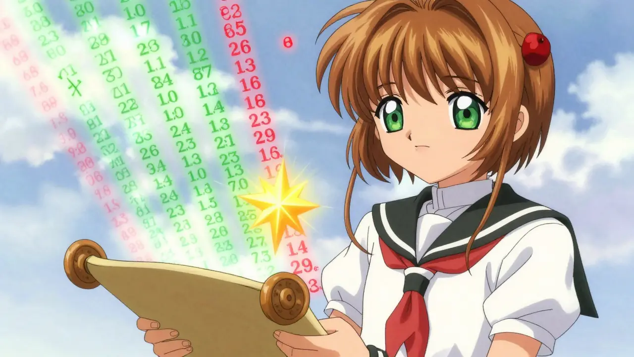 Anime girl holding a magical scroll showing green and red order book runes