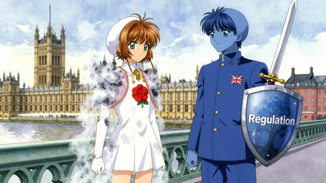 Anime spirits representing UK political shift in crypto policy