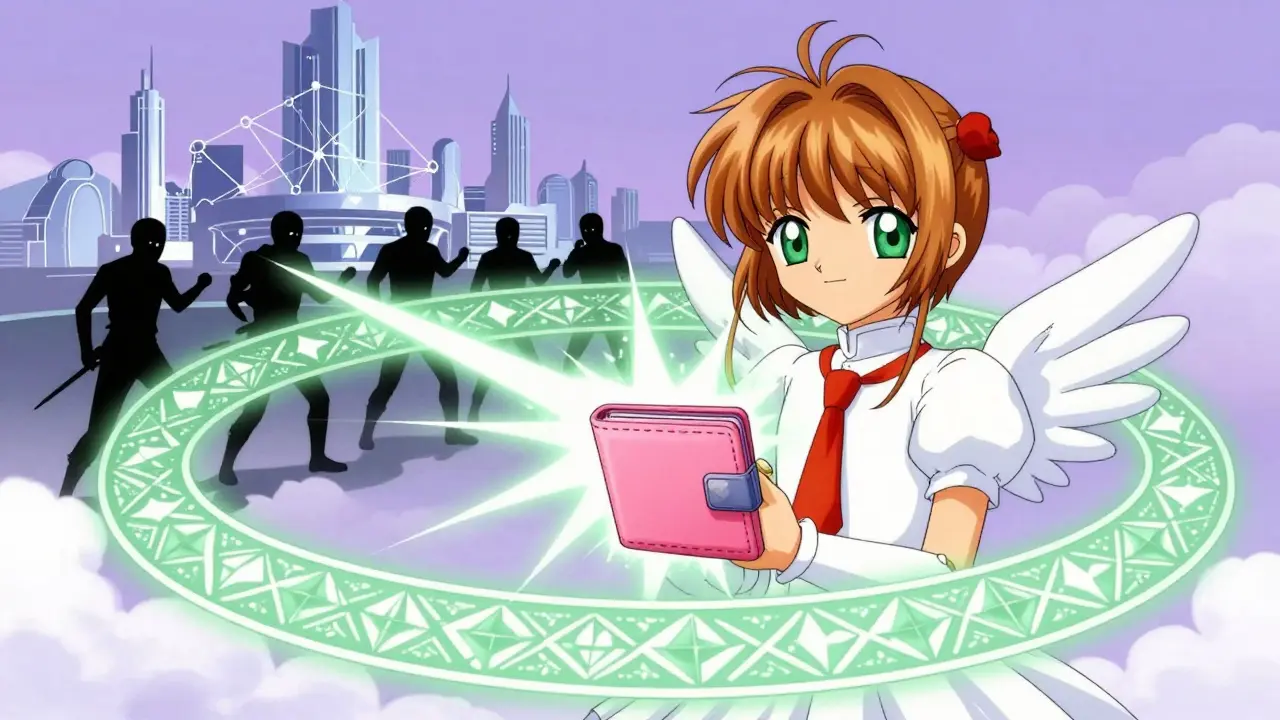 Anime style protective magic shield guarding a crypto wallet from dark shadows