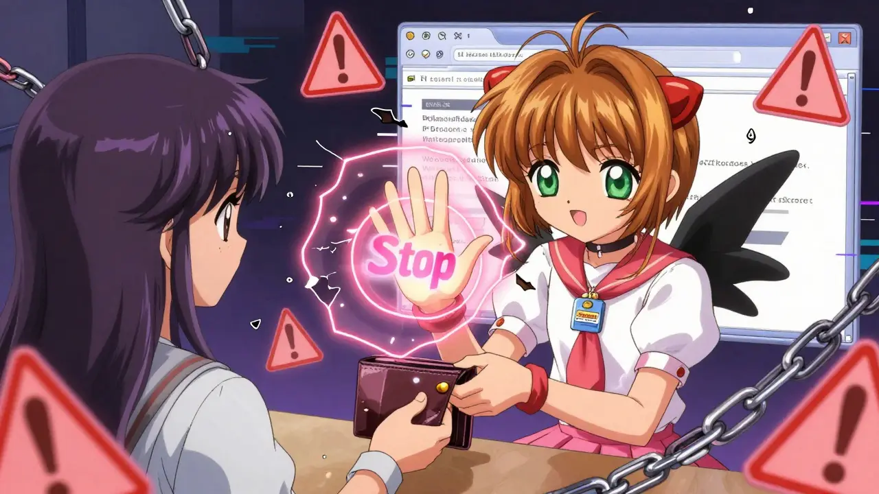 Anime warning scene with a demon trying to steal a crypto wallet