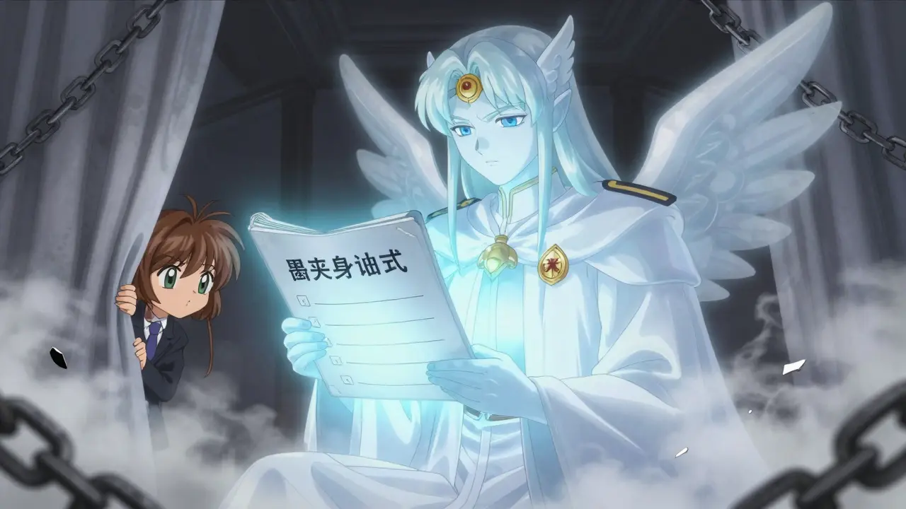 Celestial judge checking a ledger against a hiding shadow figure