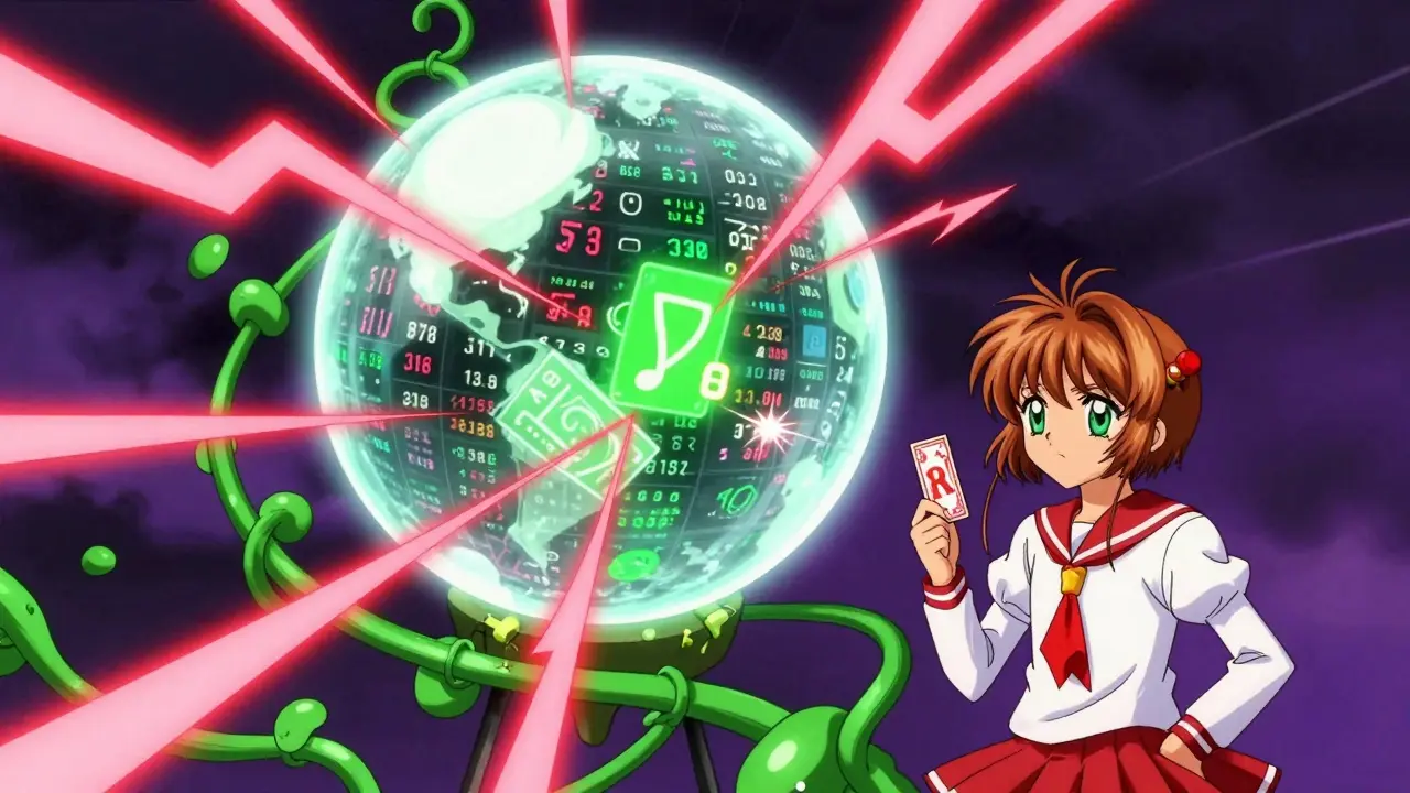 Chaotic magical scene showing conflicting data and volatile energy bolts
