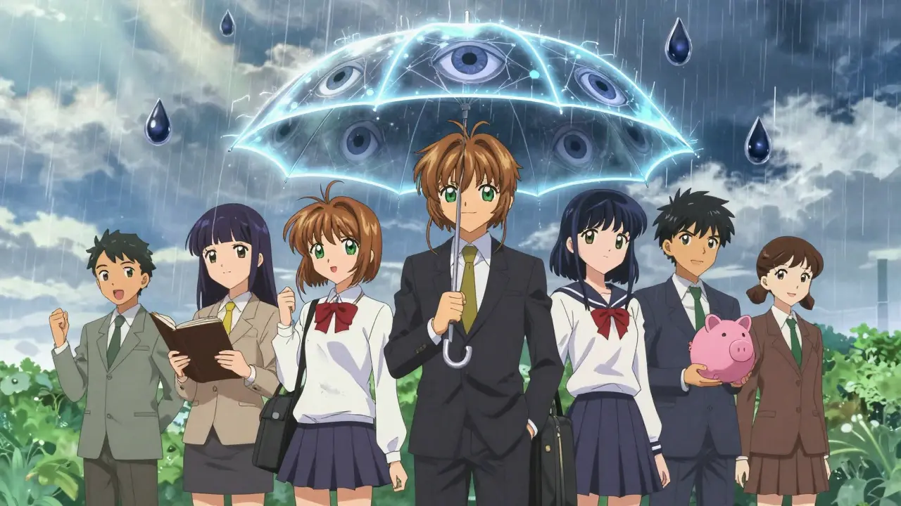 Characters sheltered by a blockchain umbrella from surveillance rain