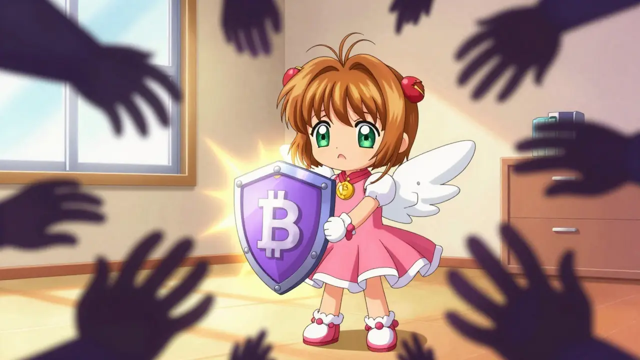 Cute anime mascot shielding itself from dark shadowy scam hands