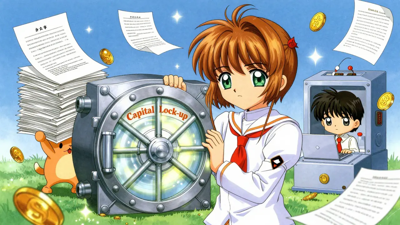 Cute spirits representing hidden licensing costs like capital and legal fees