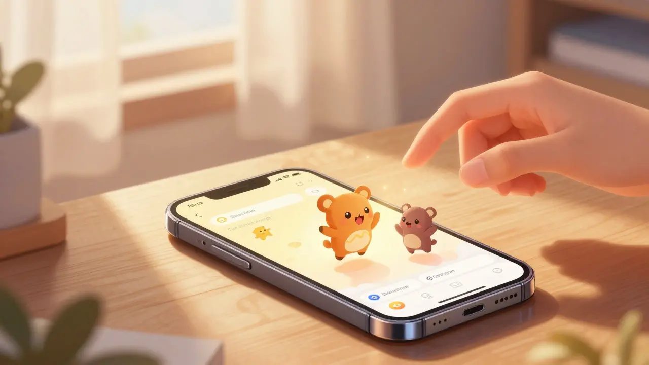 Cute token characters jumping from a glowing smartphone screen in a cozy room, anime style.