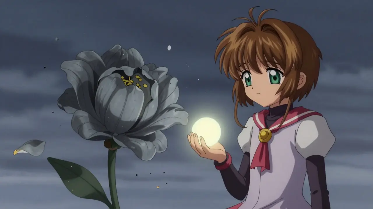 Fading magical flower symbolizing lost crypto value in Cardcaptor Sakura style