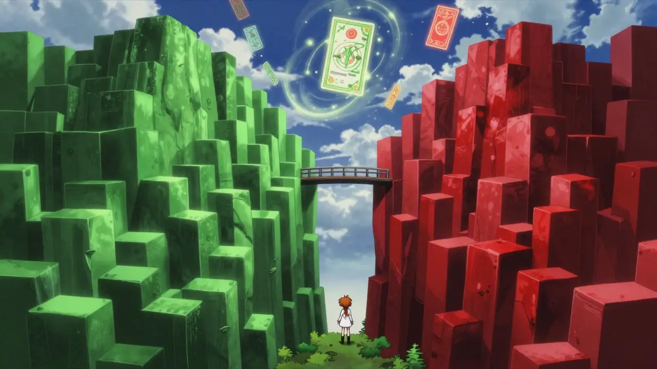 Fantasy landscape with green and red block mountains representing market depth