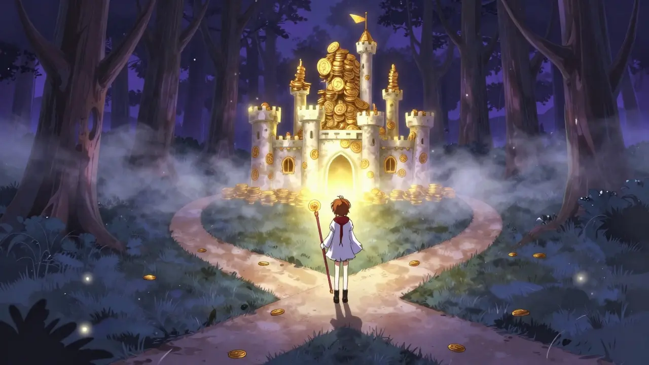 Figure at a crossroads using a magic staff to reveal hidden paths