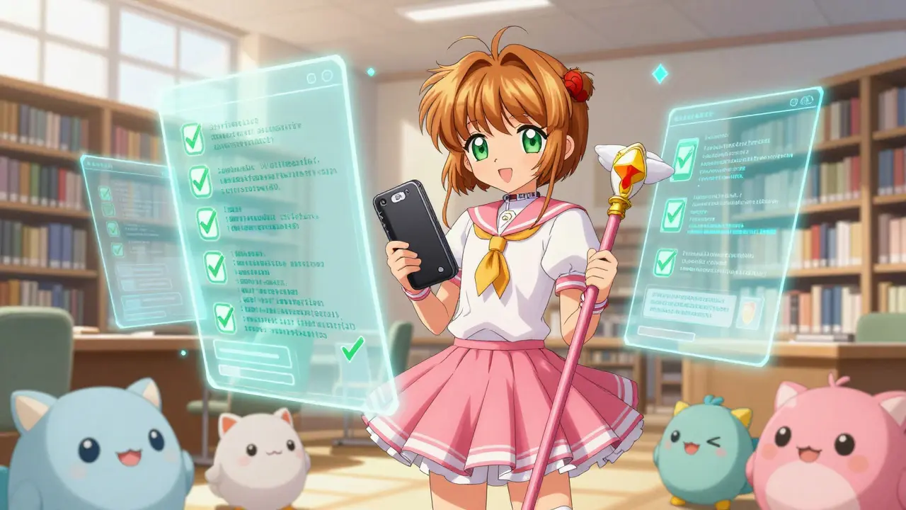 Girl holding a hardware wallet in a bright, secure digital library