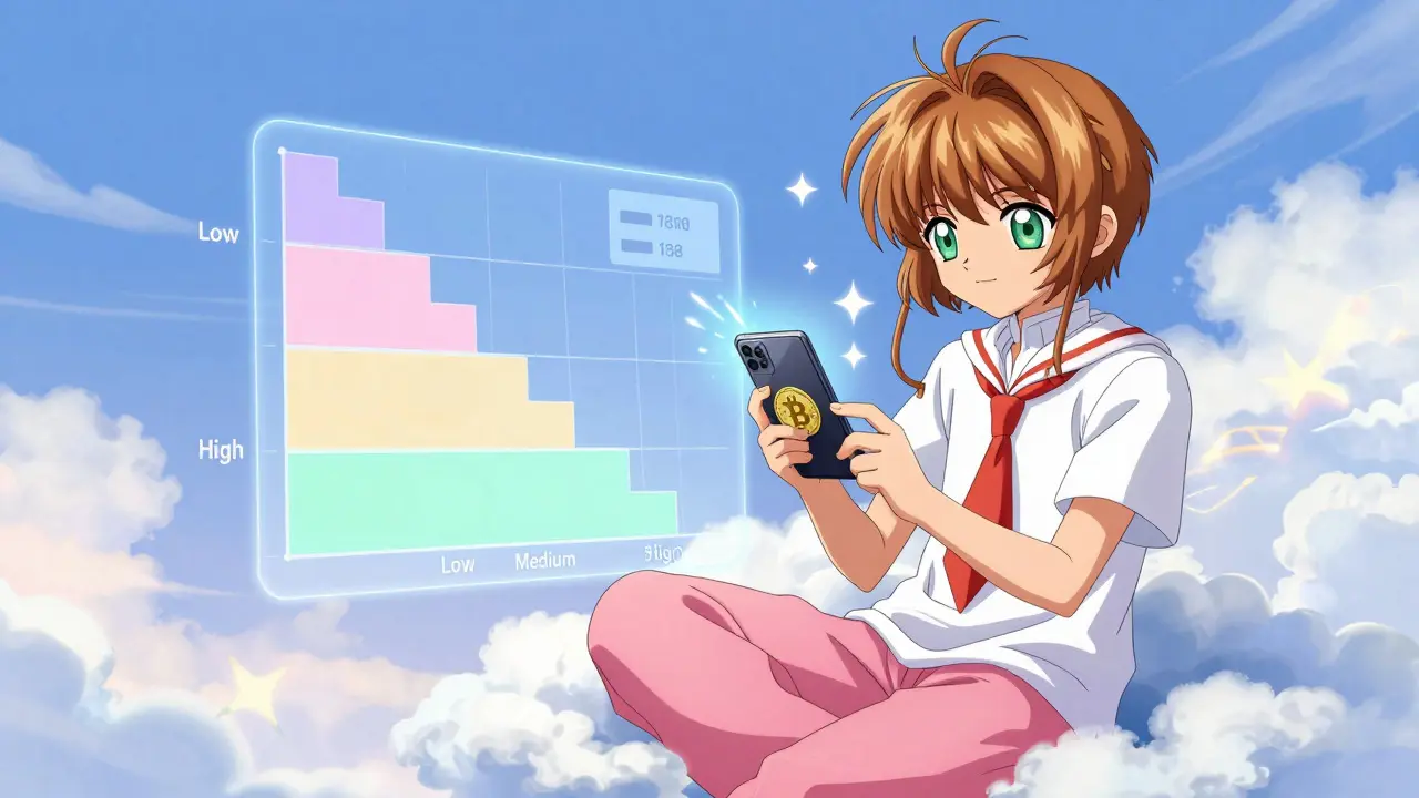 Girl selecting optimal fee tiers from a holographic chart on a magical phone