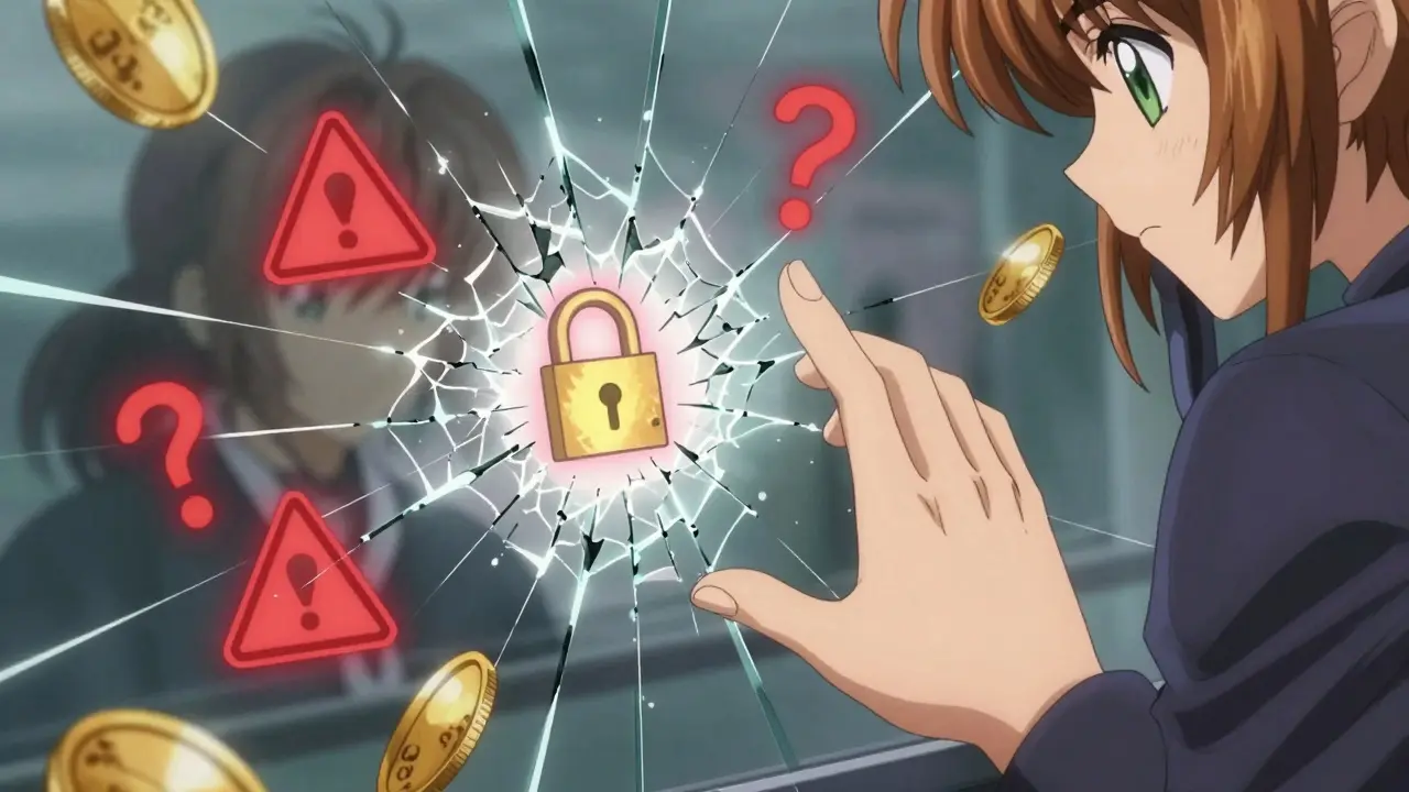 Hand hesitating before a cracked glass screen showing hidden risks