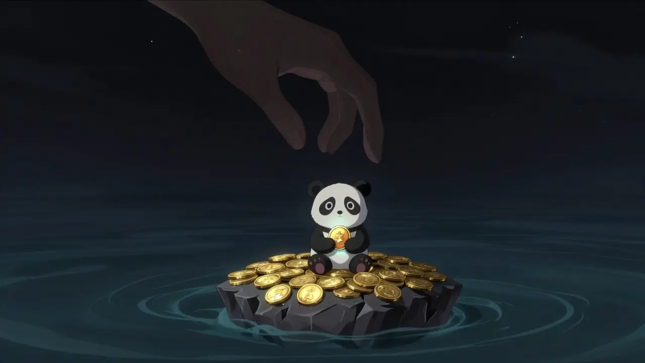 Lonely anime panda on a coin island in a dark sea