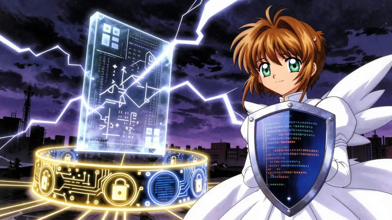 Magical barriers protecting a digital structure from storm clouds in an anime style.