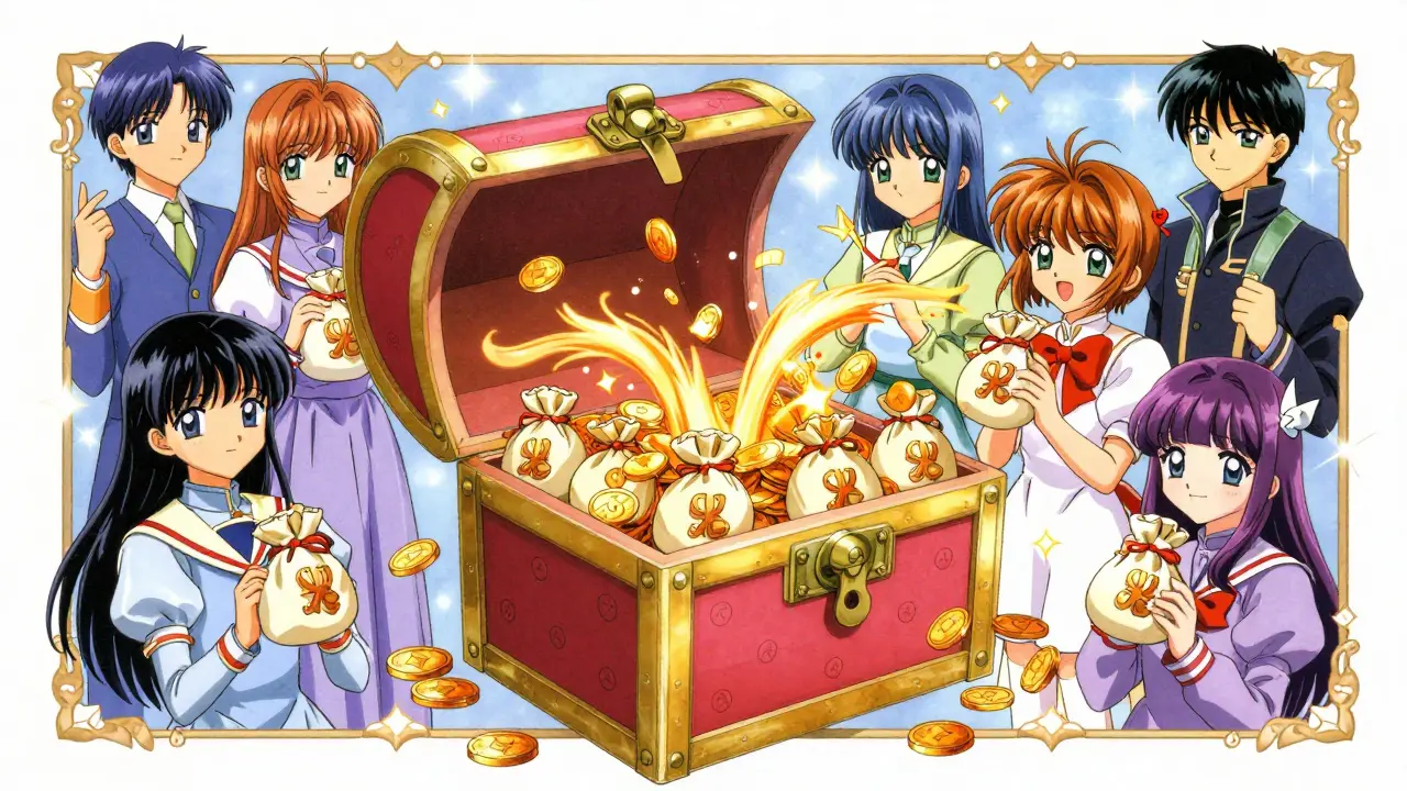 Magical treasure chest distributing gold coins to anime characters in manga style