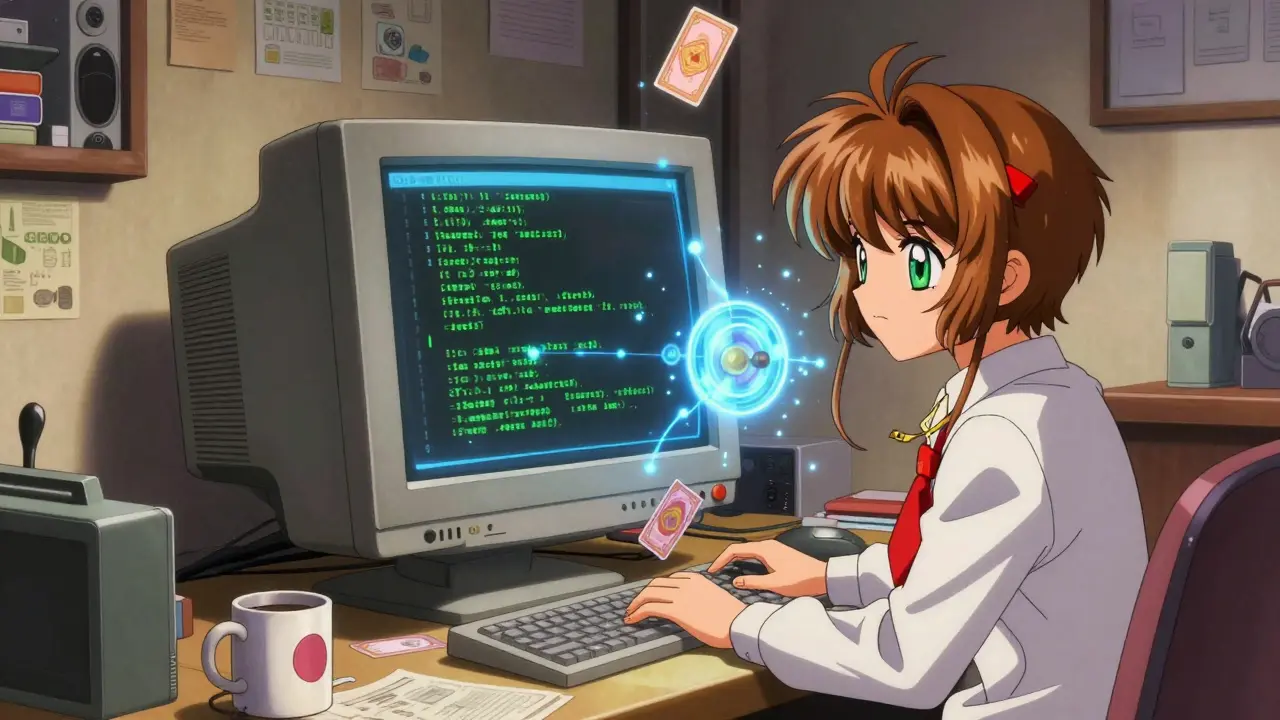 Retro computer setup with floating magical data cards and code