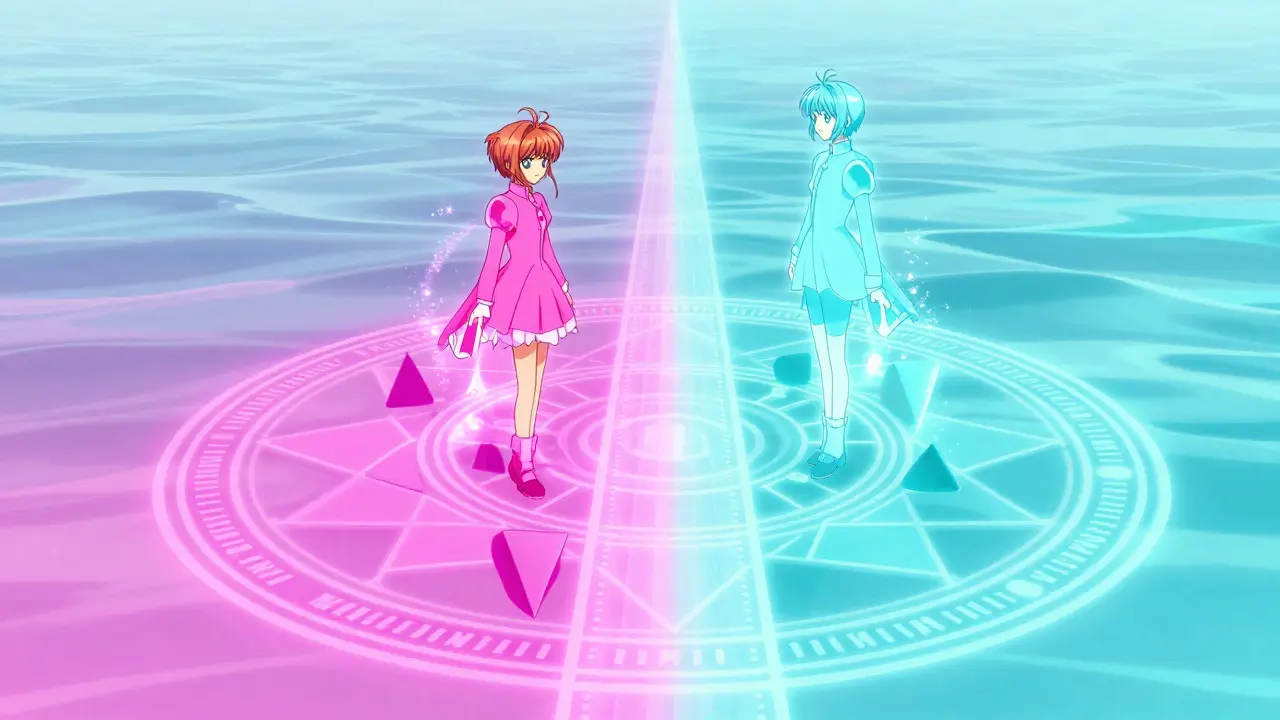 Split path magic circle showing concentrated vs full-range liquidity options in anime style.