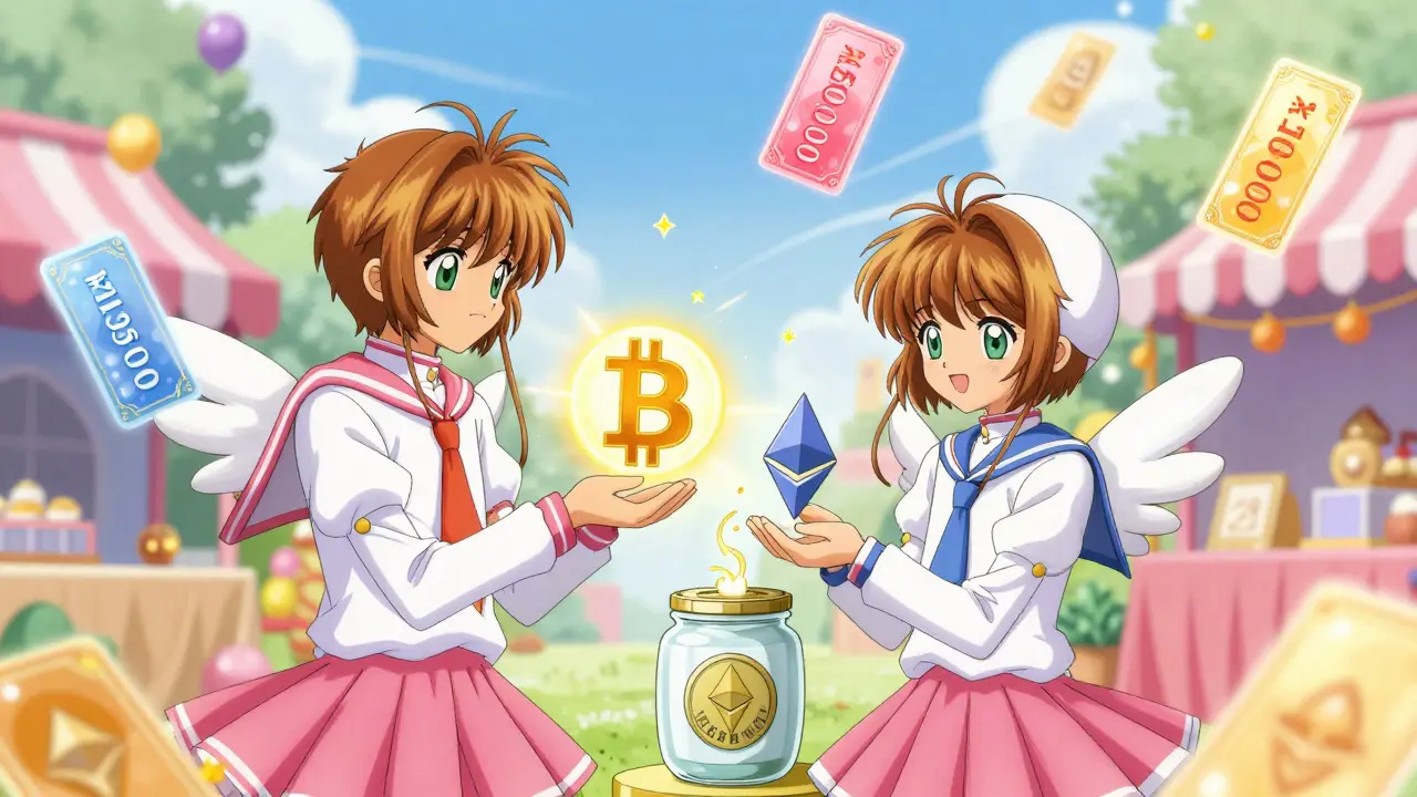 Two anime characters trading crypto with a visual representation of TDS deduction.