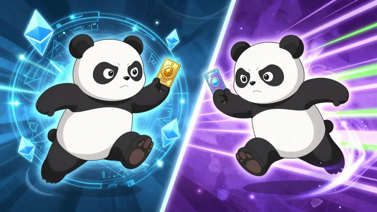 Two anime pandas representing Ethereum and Solana tokens