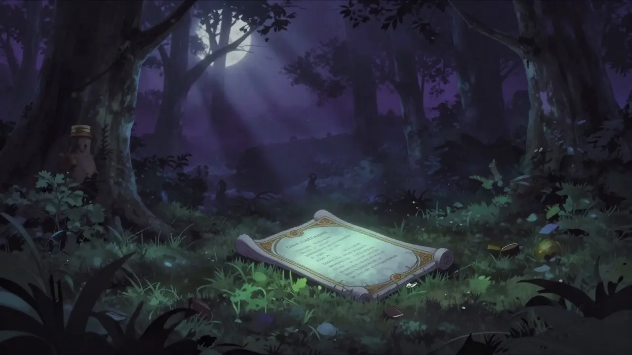 Abandoned magical scroll in a dark, misty forest