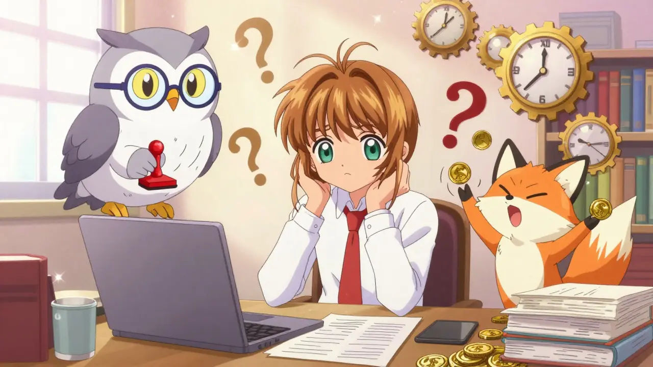 An overwhelmed entrepreneur surrounded by regulatory creatures in anime style