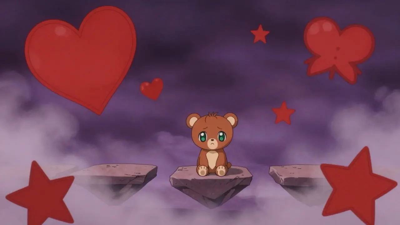 Anime bear on fragile stone over misty void