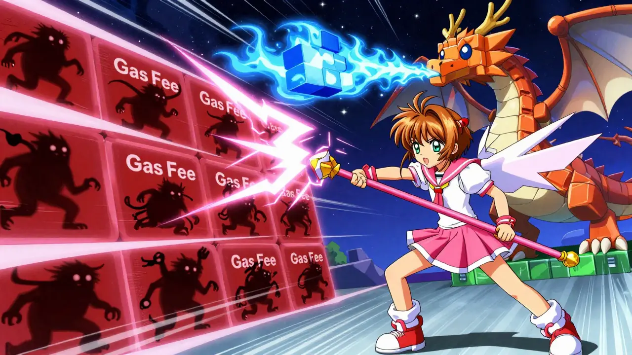 Anime character battling gas fee monsters with magic staff in cyber world