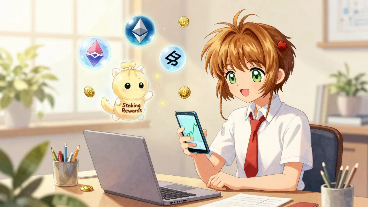 Anime character enjoying passive staking rewards with crypto spirits