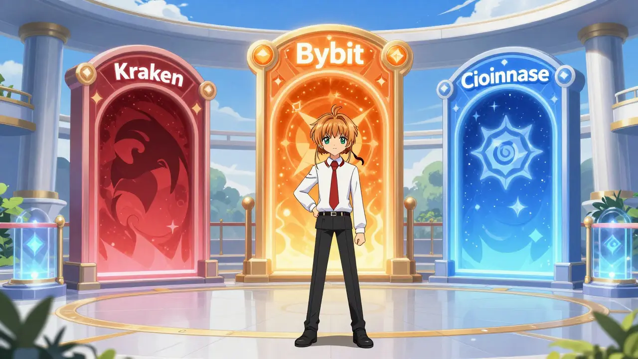 Anime character standing before three glowing gates representing safe crypto exchanges.