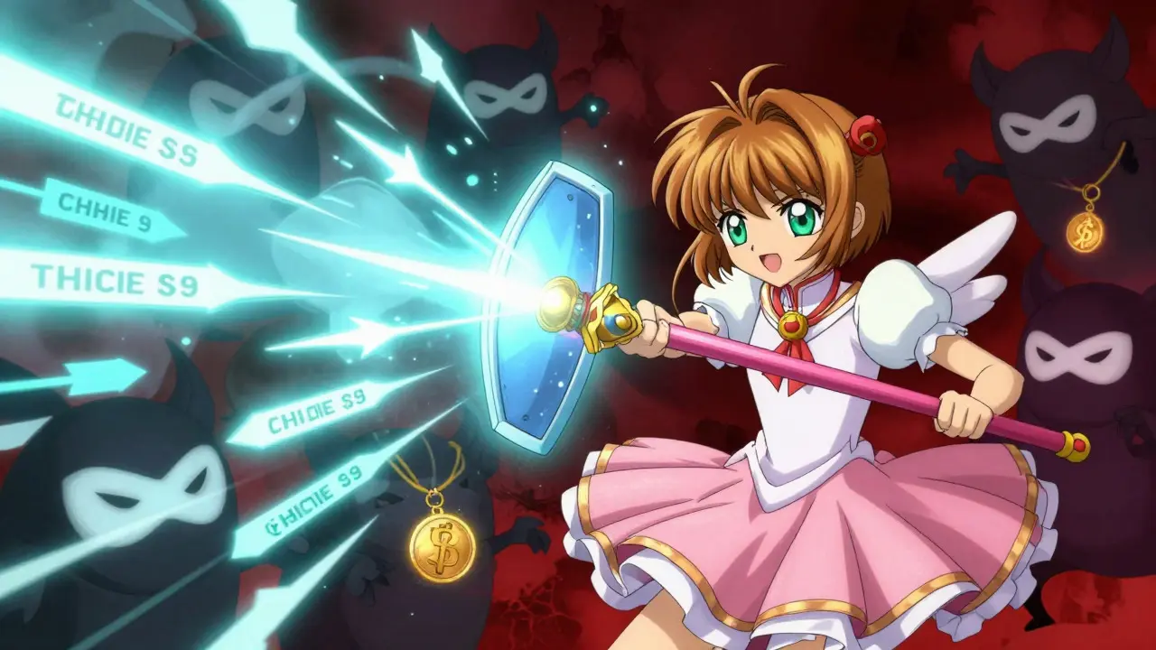 Anime character using magic staff to block scam monsters and phishing attacks