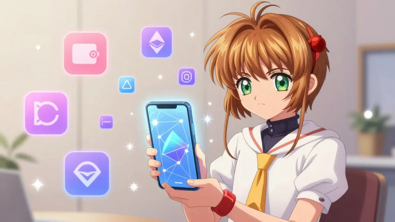 Anime character using phone with blockchain graphics in magical style