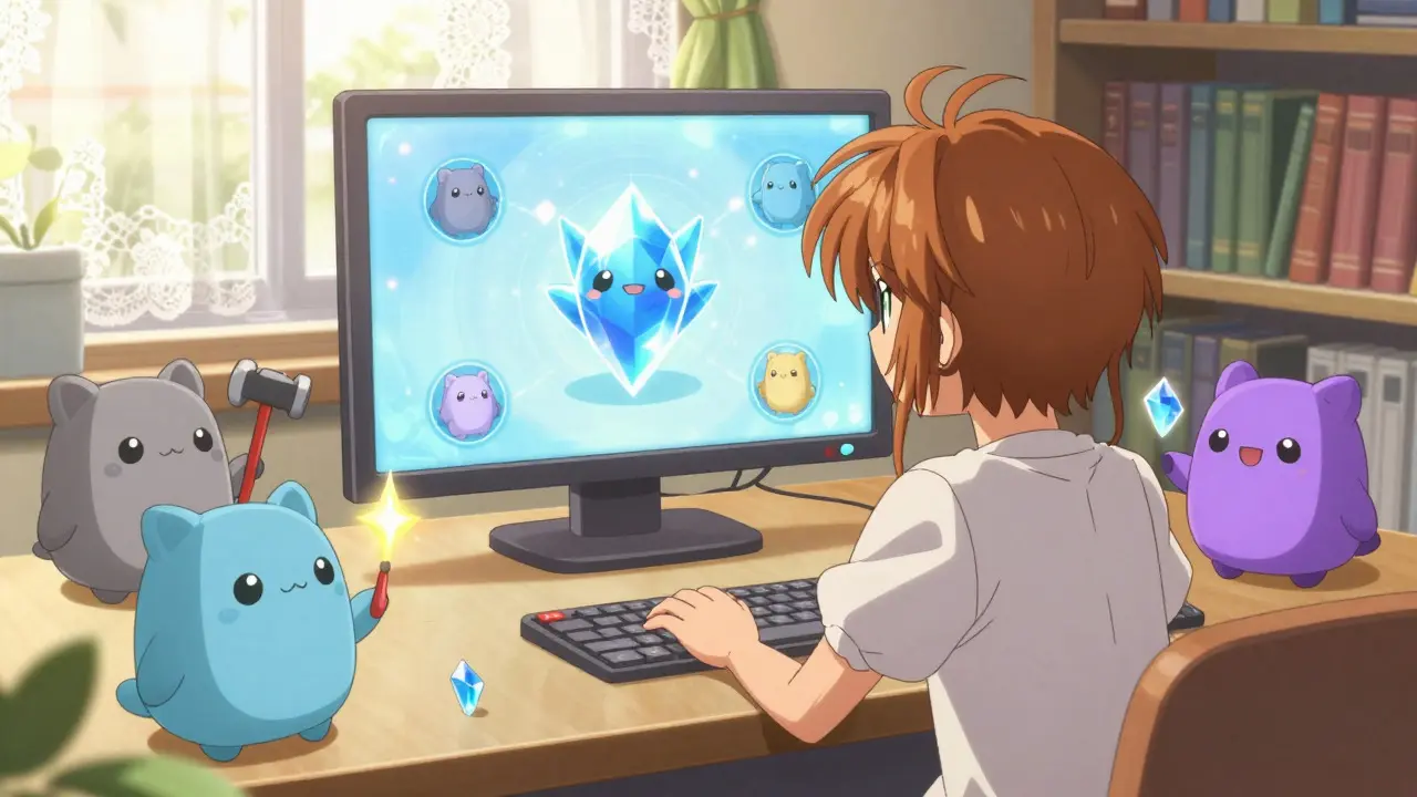 Anime character watching quiz with cute cubic MOMO NFTs nearby