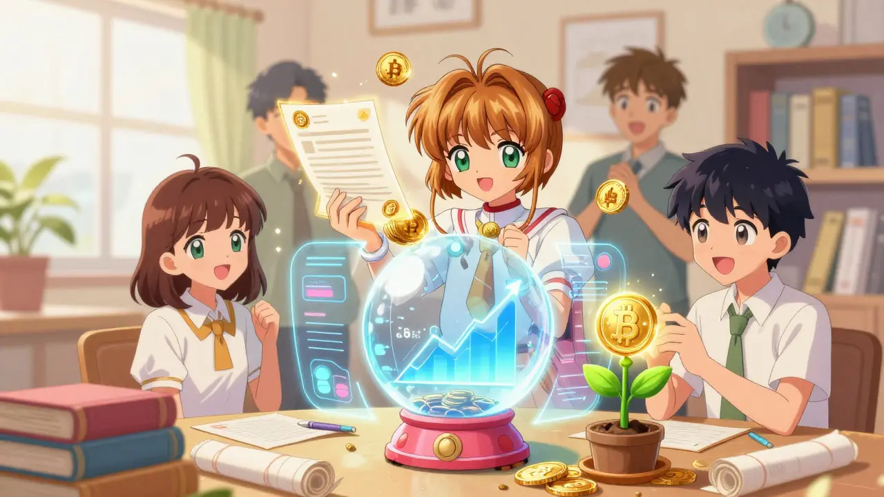 Anime characters using holographic tools for crypto trading, lending, and staking