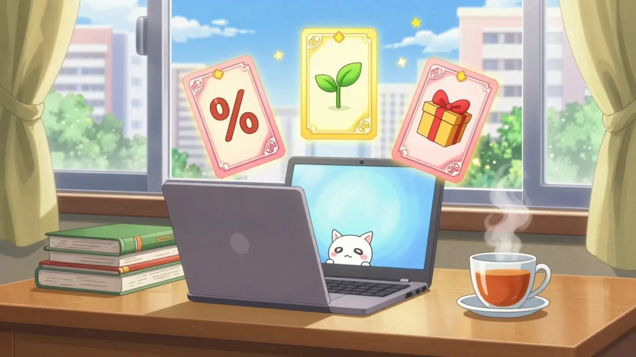 Anime desk scene with floating cards representing fee discounts and yields