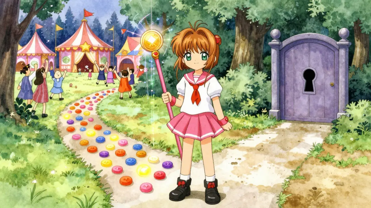 Anime girl choosing between a hype carnival path and a quiet utility gate in magical forest.