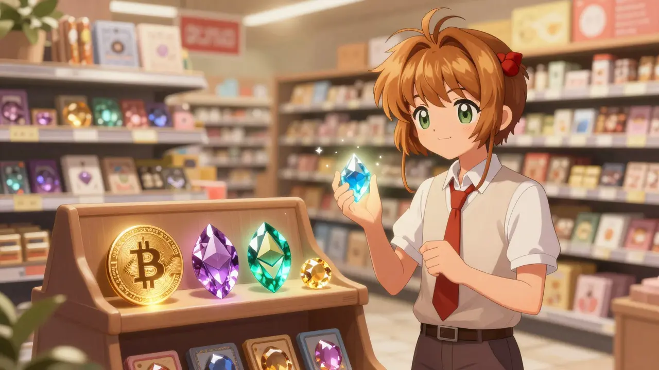 Anime girl choosing premium crypto gems from a small boutique shelf