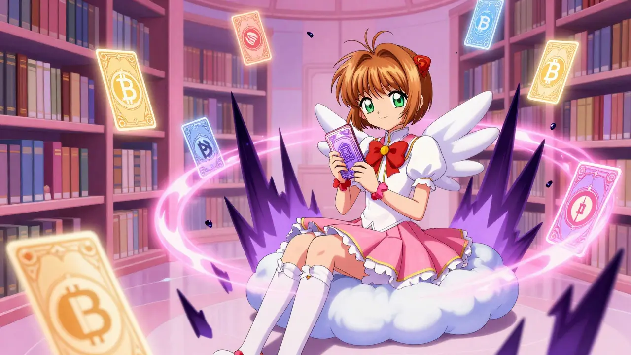 Anime girl holding hardware wallet surrounded by floating crypto books