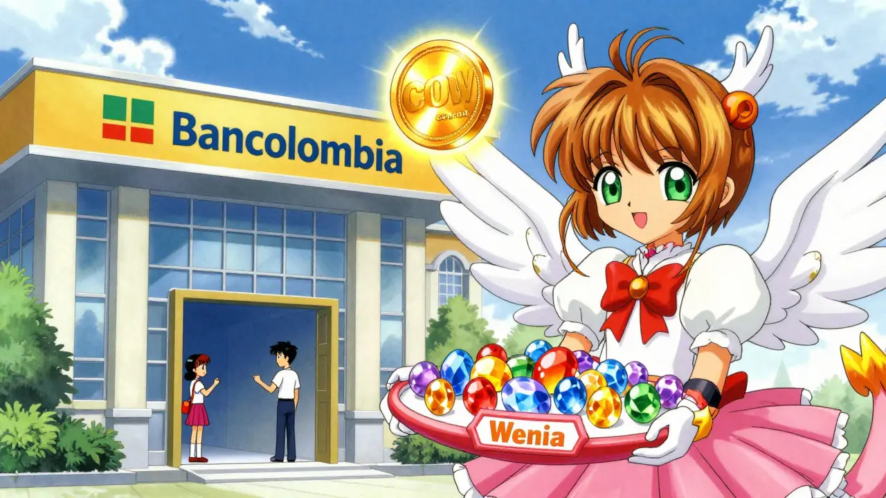 Bancolombia guardian spirit managing separate Wenia crypto portal in anime art