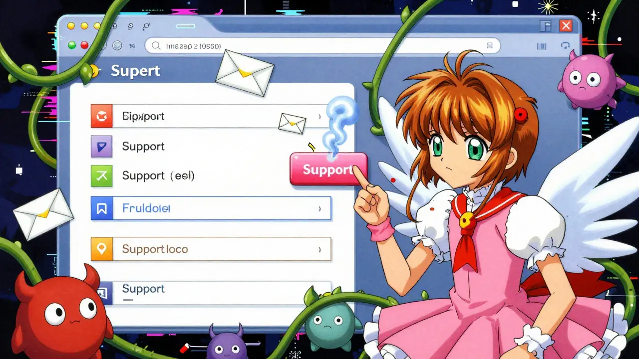 Chaotic trading interface with glitch spirits and vanishing support buttons in anime style