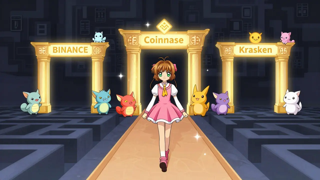Character choosing safe crypto exchange gates over a dark, risky maze in anime style