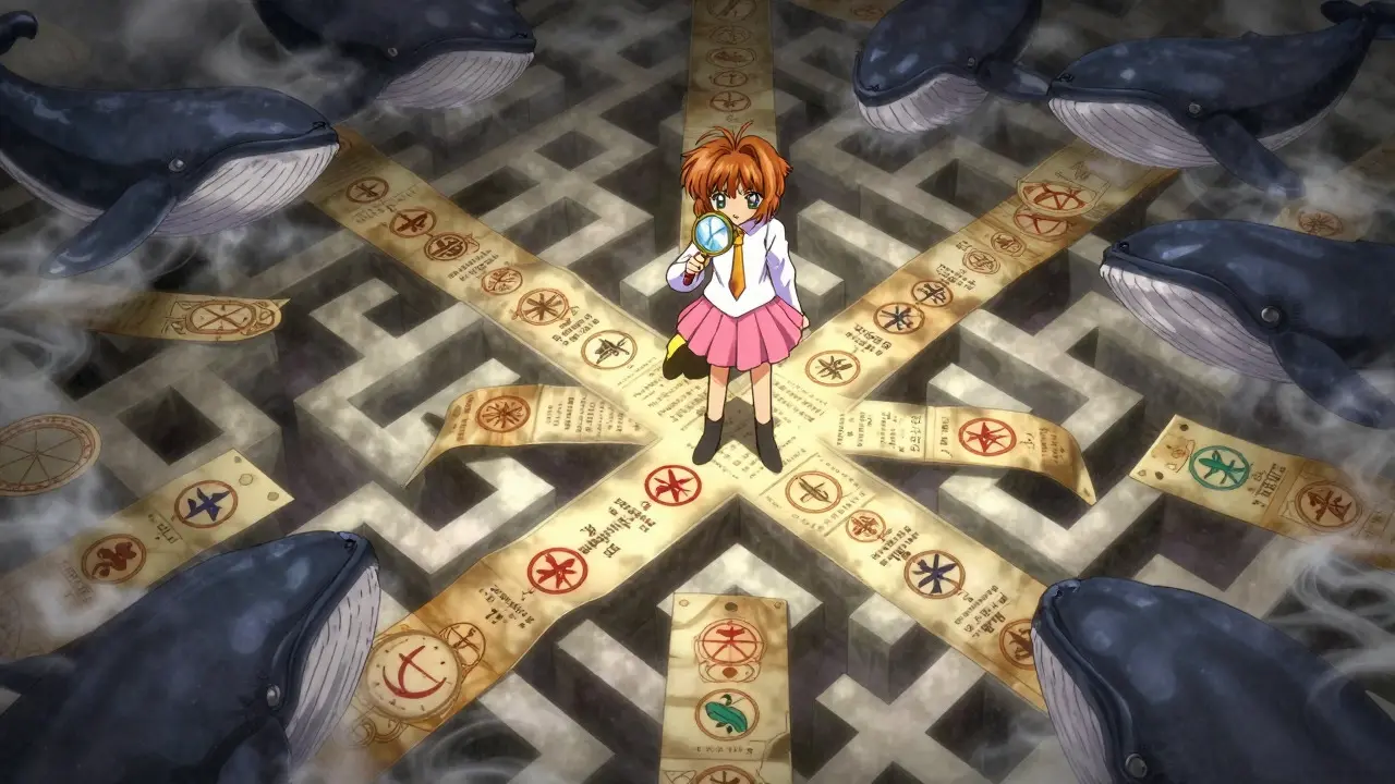Character inspecting magical contracts in a confusing maze
