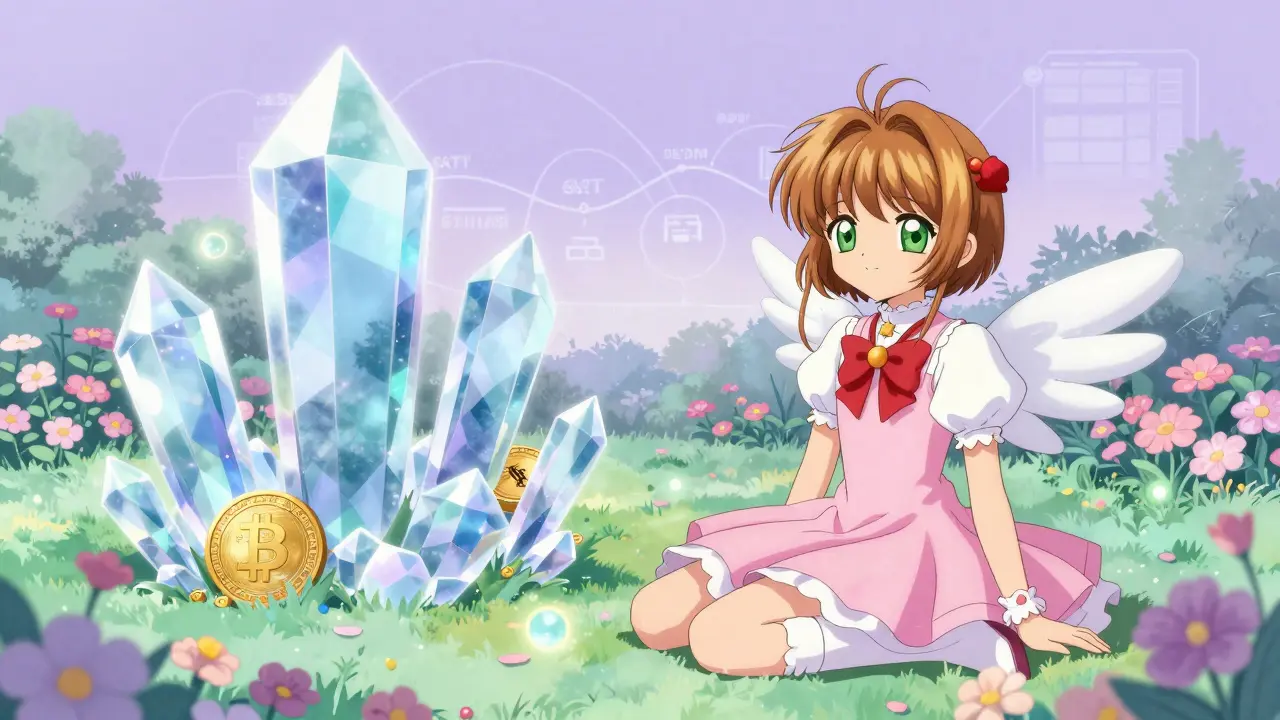 Character meditating in garden with glowing crypto crystals