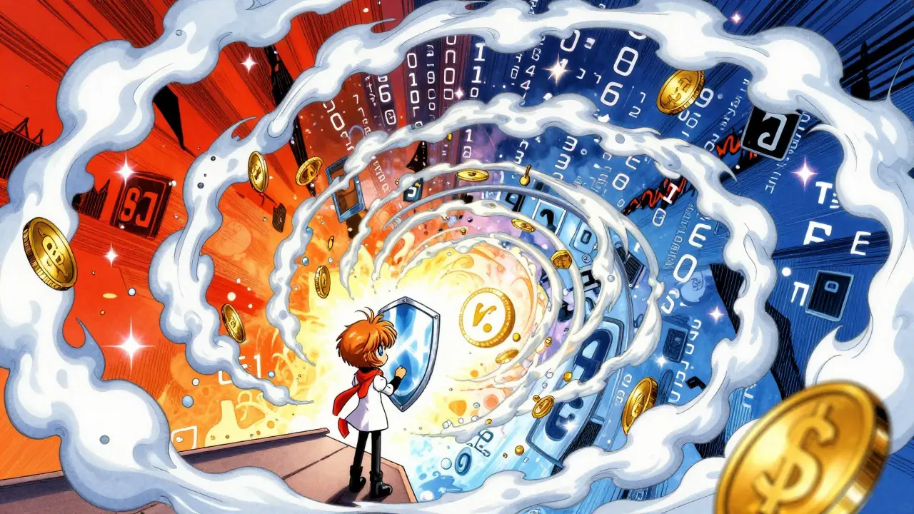 Character shielding against a storm of dissolving coins