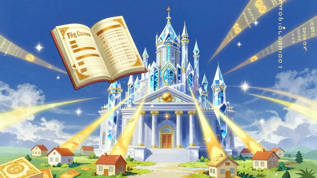 Crystalline central bank sending golden light beams of money to houses below