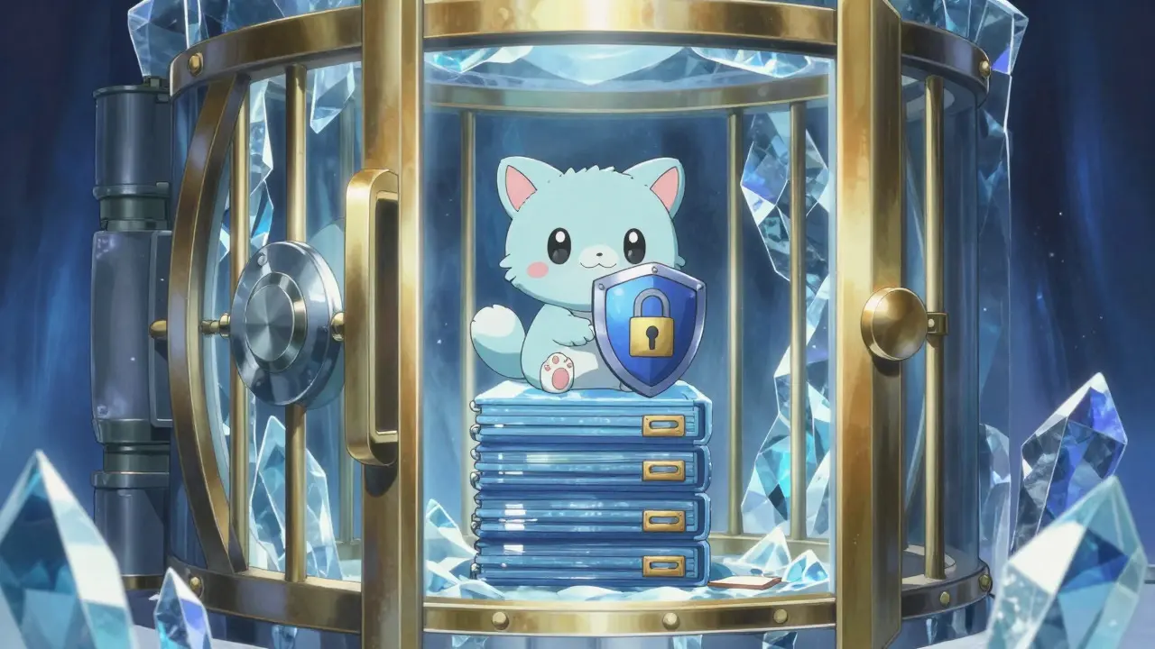 Cute guardian protecting crystal vaults representing crypto security