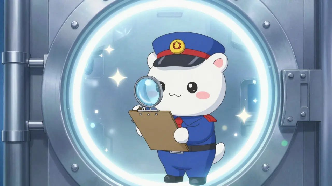 Cute mascot checking security documents in a crystal vault, anime style