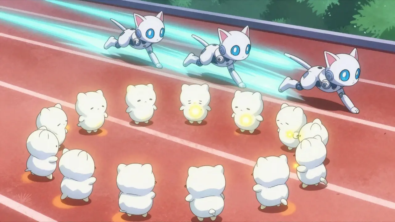 Cute spirits moving slow vs fast robots in anime style