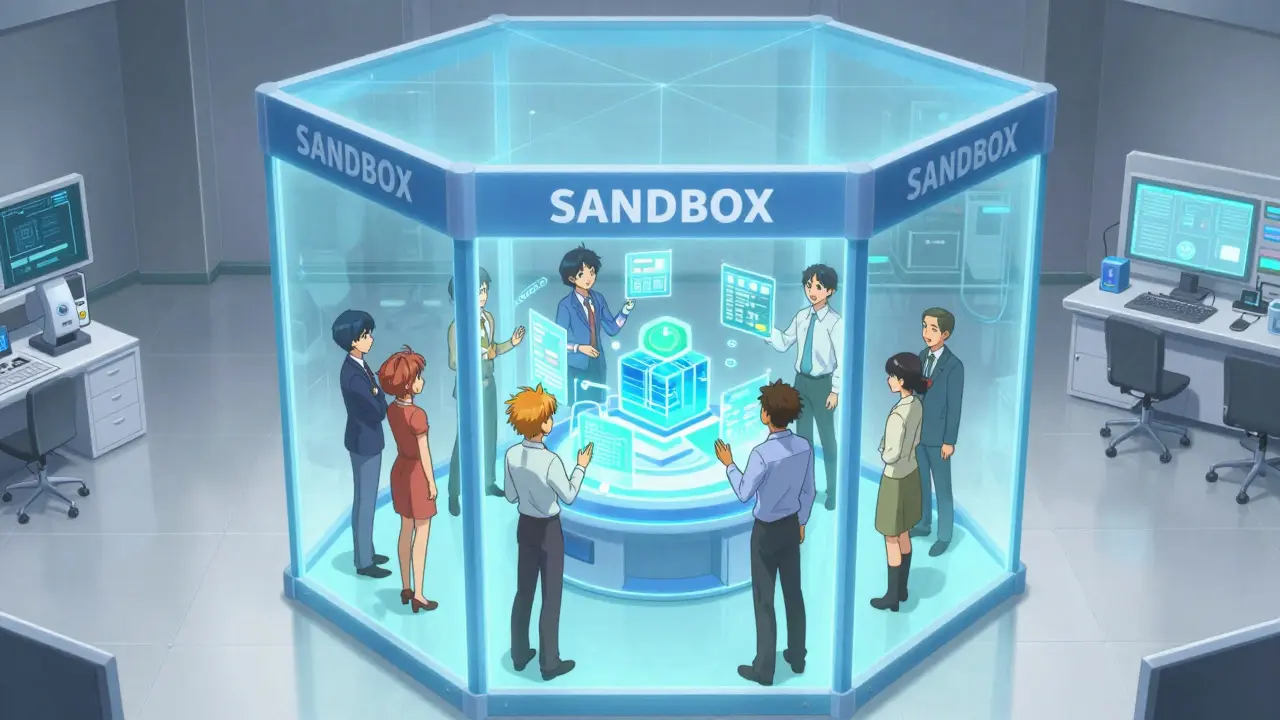 Fintech startups testing blockchain inside a glowing blue sandbox cage