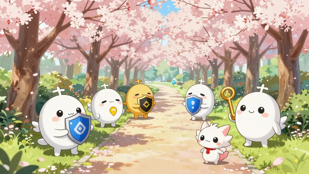 Friendly mascots guarding a peaceful cherry blossom garden path