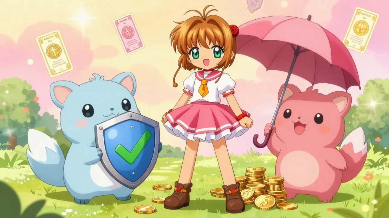 Guardian spirits protecting safe crypto assets in bright sunny setting